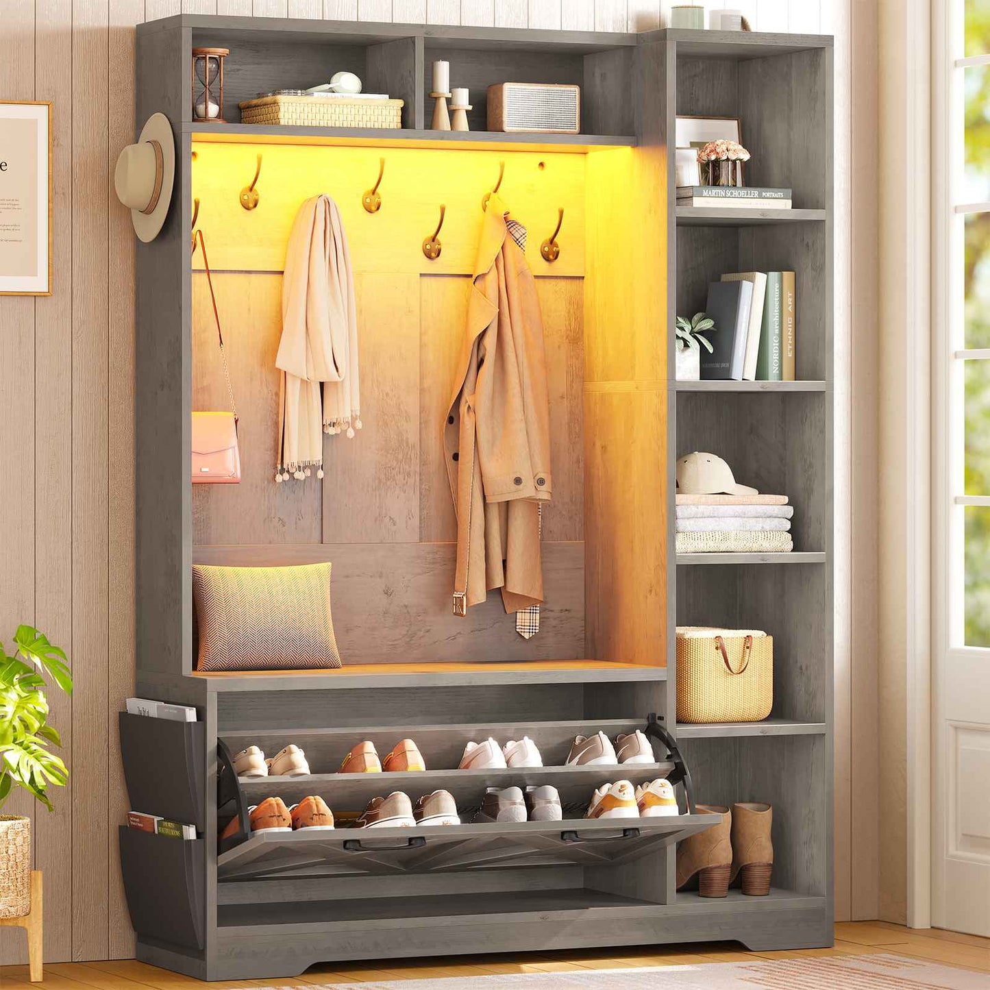 Itaar | Hall Tree with Bench and Shoe Storage Farmhouse Entryway Bench with Coat Rack Shoe Cabinet with Flip Drawers 7 Shelves 10 Coat Hooks Led Lights