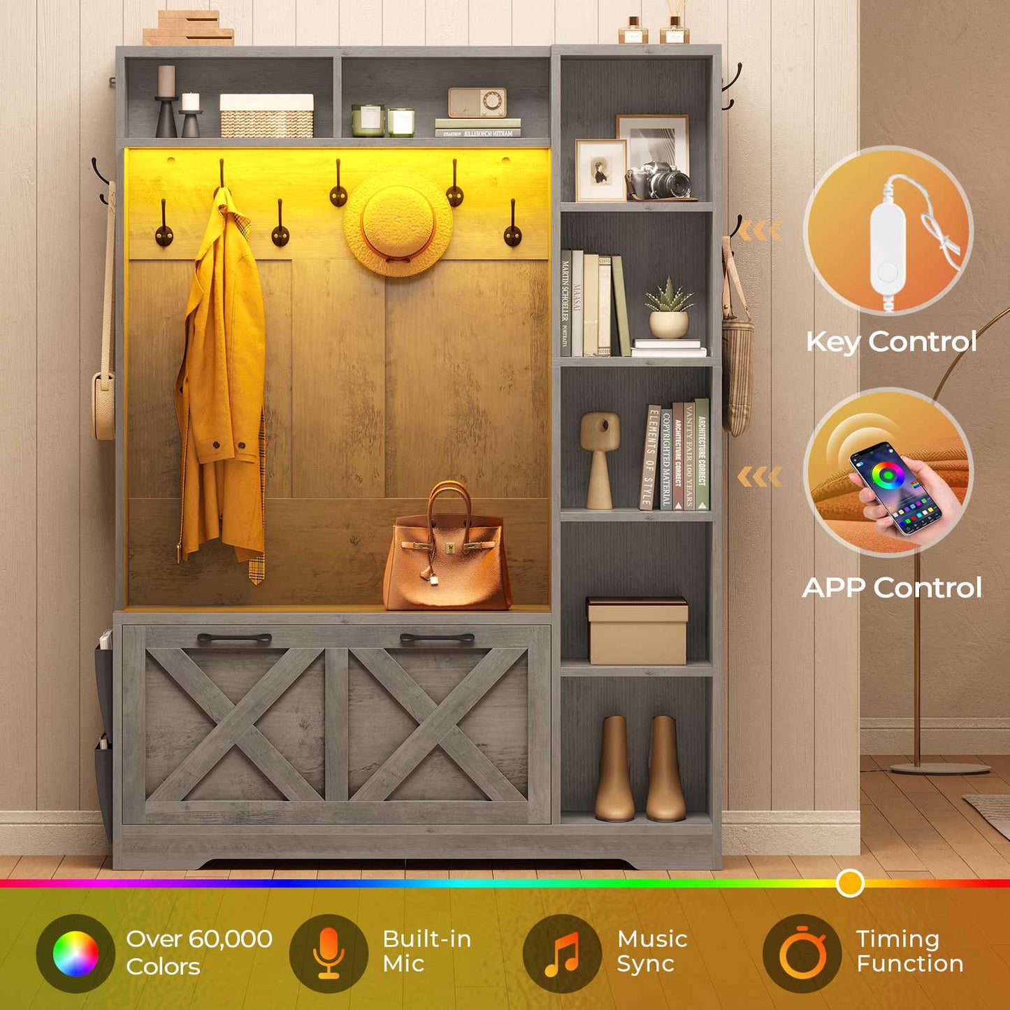 Itaar | Hall Tree with Bench and Shoe Storage Farmhouse Entryway Bench with Coat Rack Shoe Cabinet with Flip Drawers 7 Shelves 10 Coat Hooks Led Lights