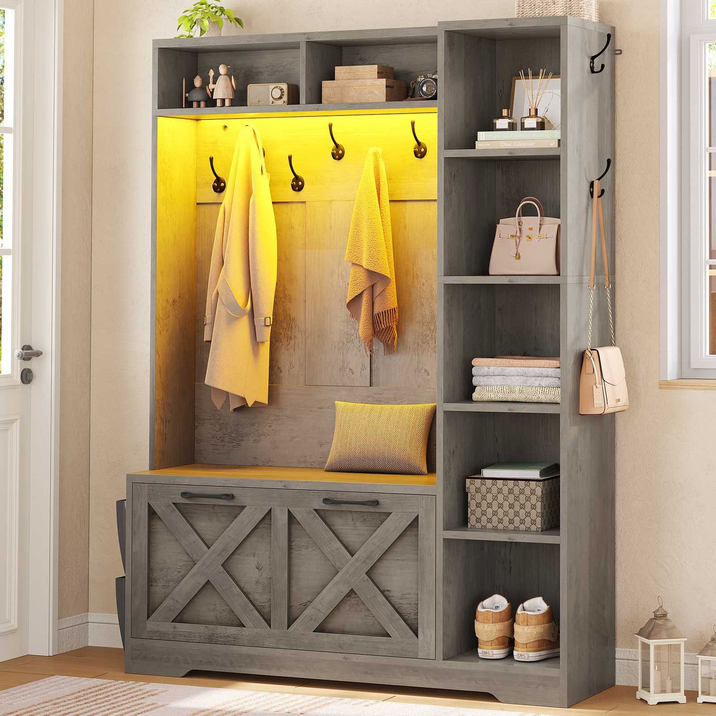 Itaar | Hall Tree with Bench and Shoe Storage Farmhouse Entryway Bench with Coat Rack Shoe Cabinet with Flip Drawers 7 Shelves 10 Coat Hooks Led Lights