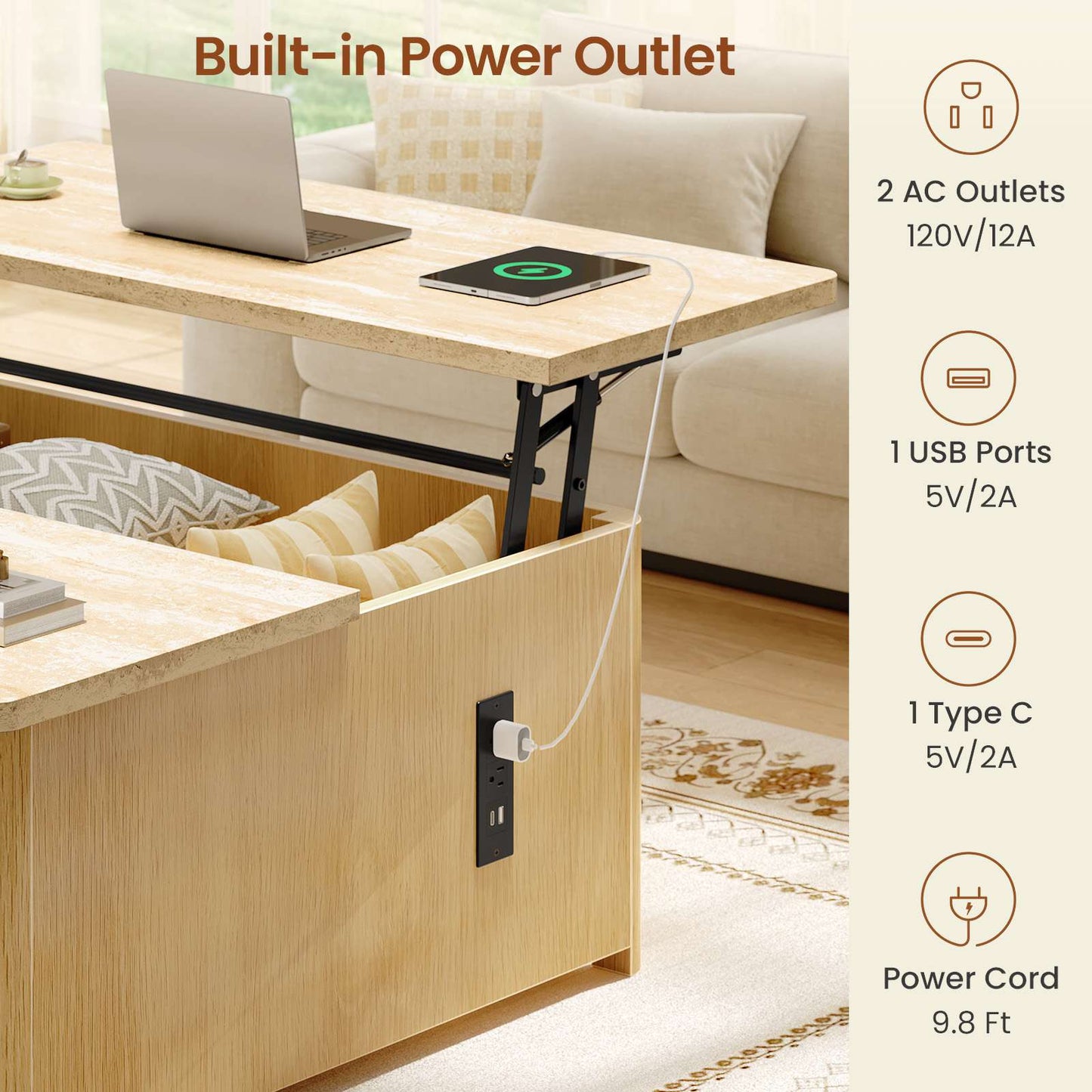 Itaar | 31.5 Inch Lift Top Coffee Table with Charging Station Fluted Wood Coffee Table with Hidden Storage  Hydraulic Lifter