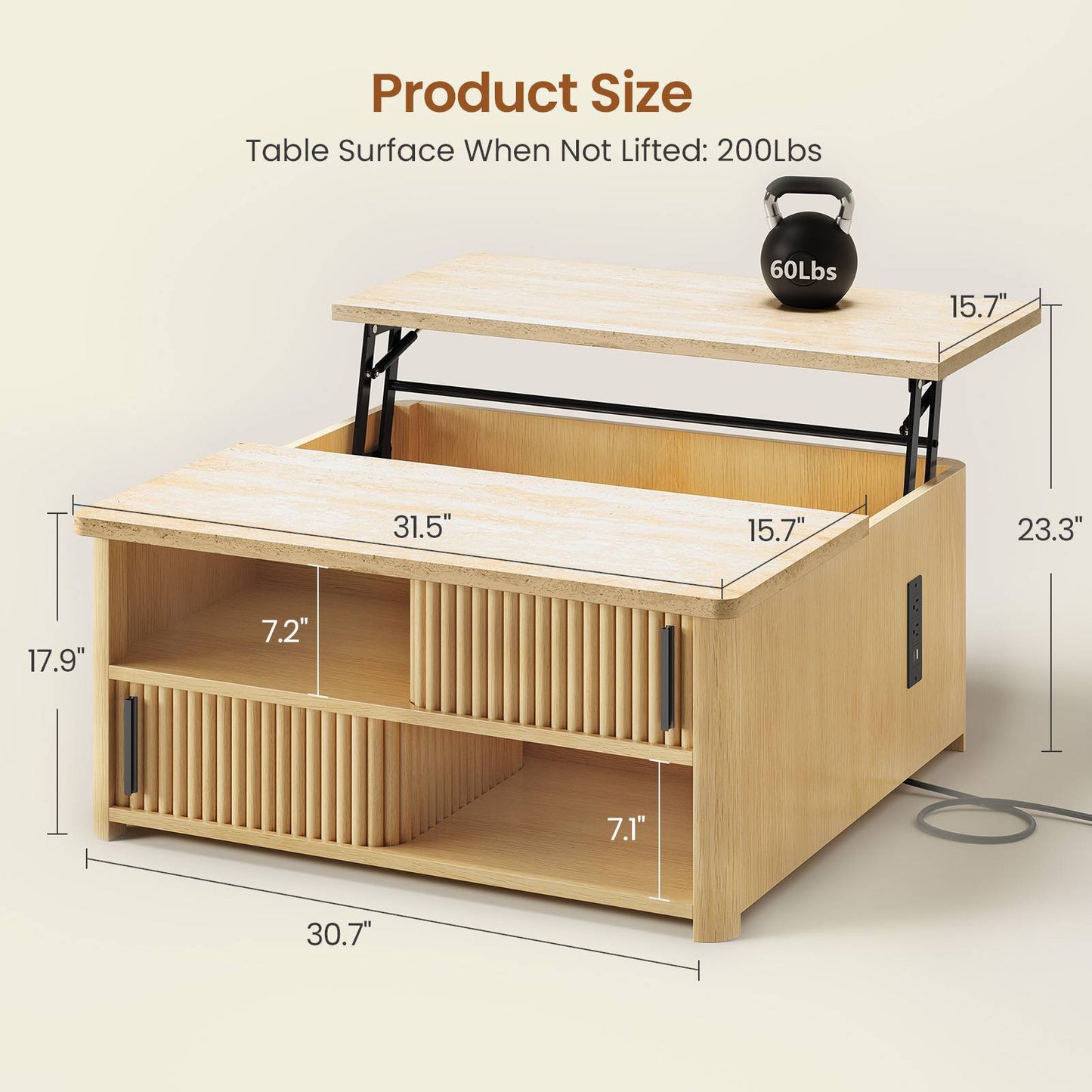 Itaar | 31.5 Inch Lift Top Coffee Table with Charging Station Fluted Wood Coffee Table with Hidden Storage  Hydraulic Lifter