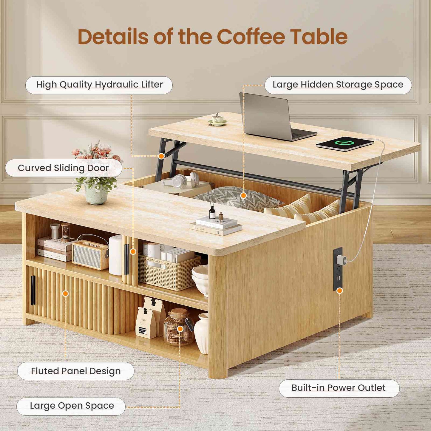 Itaar | 31.5 Inch Lift Top Coffee Table with Charging Station Fluted Wood Coffee Table with Hidden Storage  Hydraulic Lifter