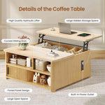 Itaar | 31.5 Inch Lift Top Coffee Table with Charging Station Fluted Wood Coffee Table with Hidden Storage  Hydraulic Lifter