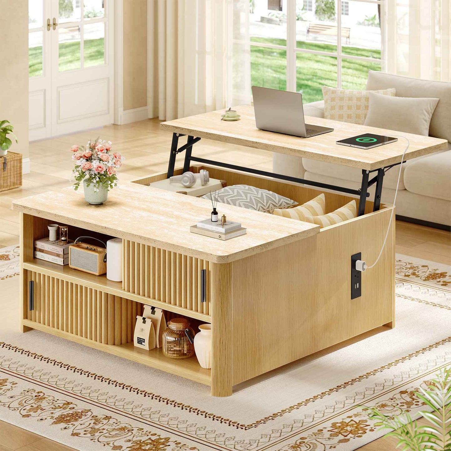 Itaar | 31.5 Inch Lift Top Coffee Table with Charging Station Fluted Wood Coffee Table with Hidden Storage  Hydraulic Lifter