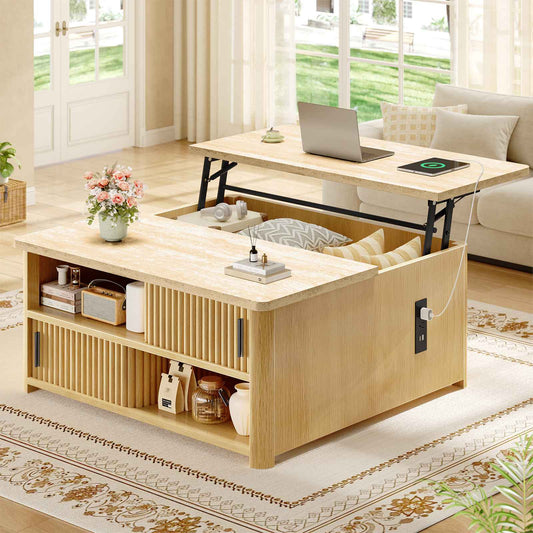 Itaar | 31.5 Inch Lift Top Coffee Table with Charging Station Fluted Wood Coffee Table with Hidden Storage  Hydraulic Lifter
