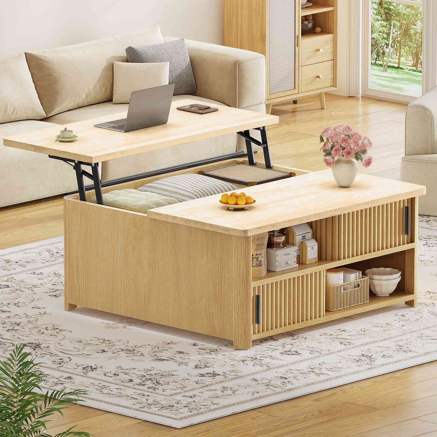 Itaar | 31.5 Inch Lift Top Coffee Table with Charging Station Fluted Wood Coffee Table with Hidden Storage  Hydraulic Lifter
