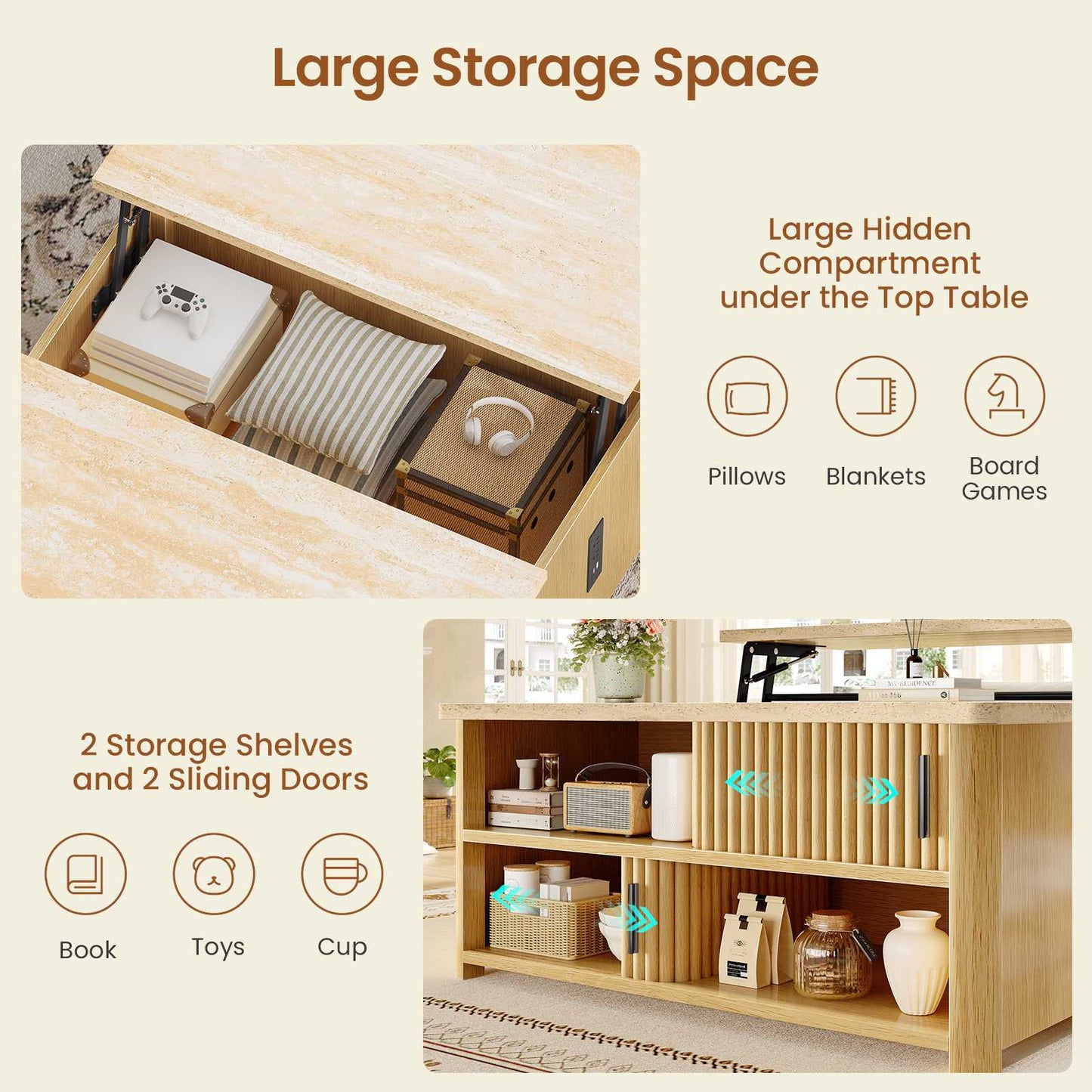 Itaar | 31.5 Inch Lift Top Coffee Table with Charging Station Fluted Wood Coffee Table with Hidden Storage  Hydraulic Lifter