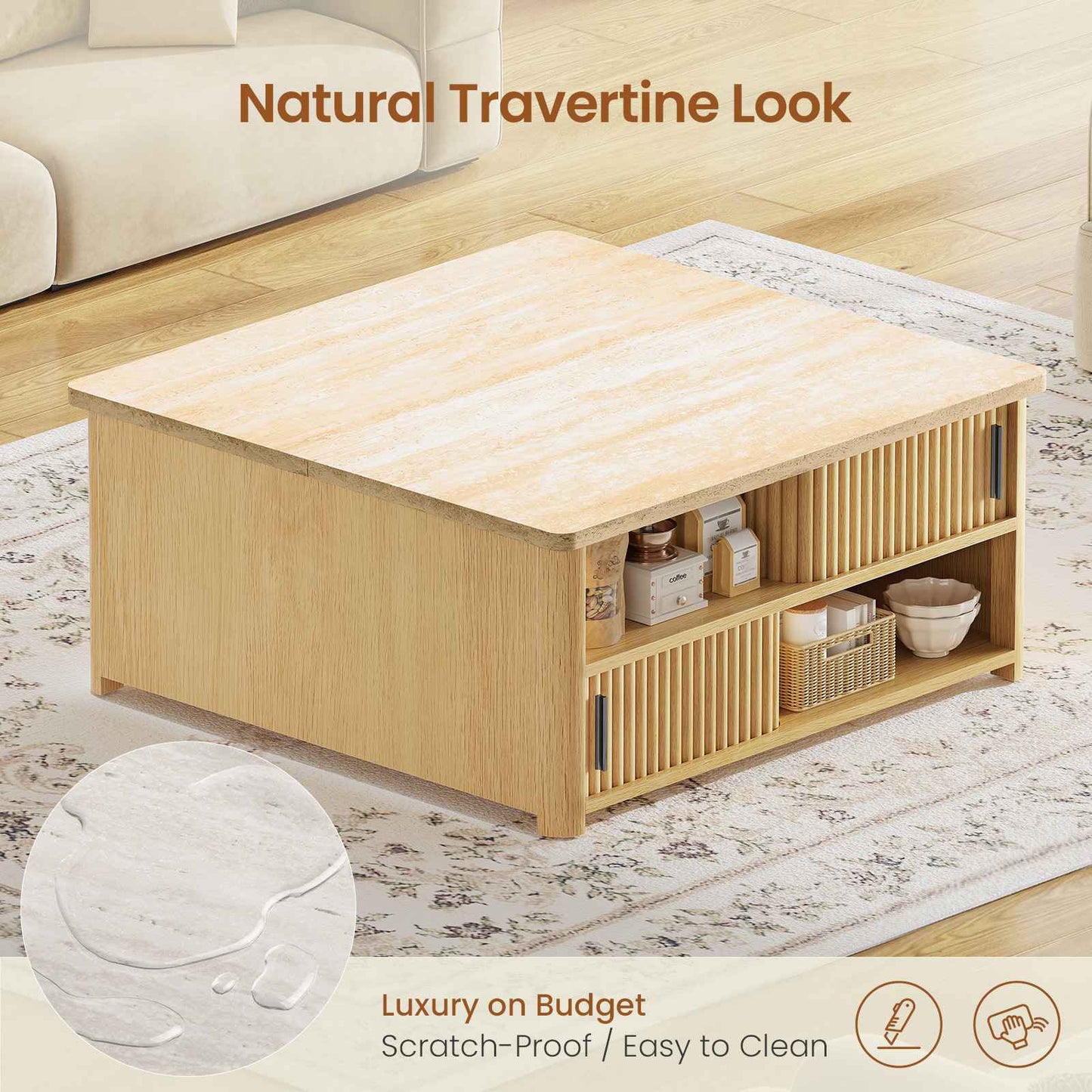 Itaar | 31.5 Inch Lift Top Coffee Table with Charging Station Fluted Wood Coffee Table with Hidden Storage  Hydraulic Lifter