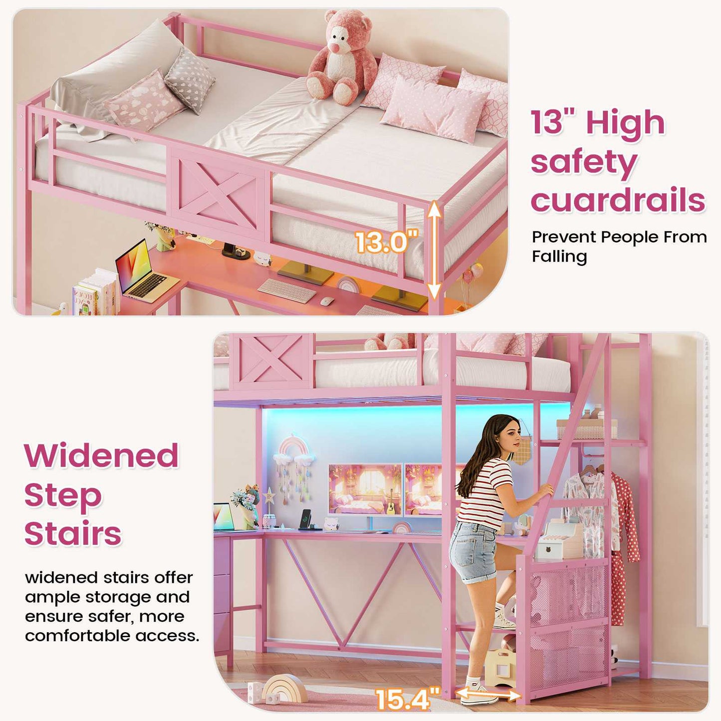 Itaar | Stairway Twin Size Loft Bed with L Shaped Desk and Wardrobe Metal Loft Bed Frame with Stairs 3 Fabric Drawers LED Lights Charging Sation