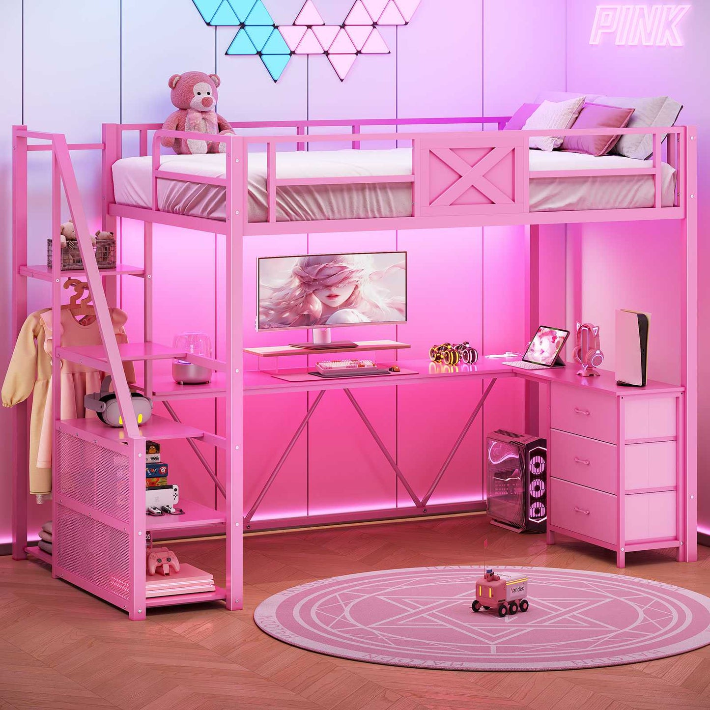 Itaar | Stairway Twin Size Loft Bed with L Shaped Desk and Wardrobe Metal Loft Bed Frame with Stairs 3 Fabric Drawers LED Lights Charging Sation