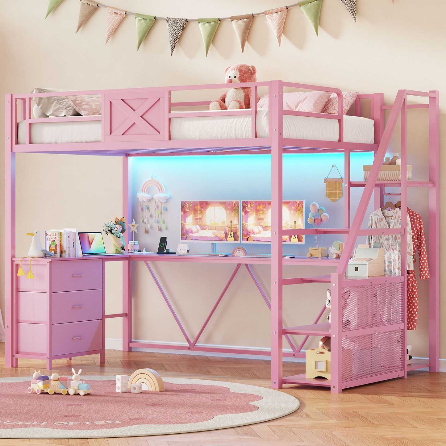 Itaar | Stairway Twin Size Loft Bed with L Shaped Desk and Wardrobe Metal Loft Bed Frame with Stairs 3 Fabric Drawers LED Lights Charging Sation