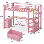 Itaar | Stairway Twin Size Loft Bed with L Shaped Desk and Wardrobe Metal Loft Bed Frame with Stairs 3 Fabric Drawers LED Lights Charging Sation