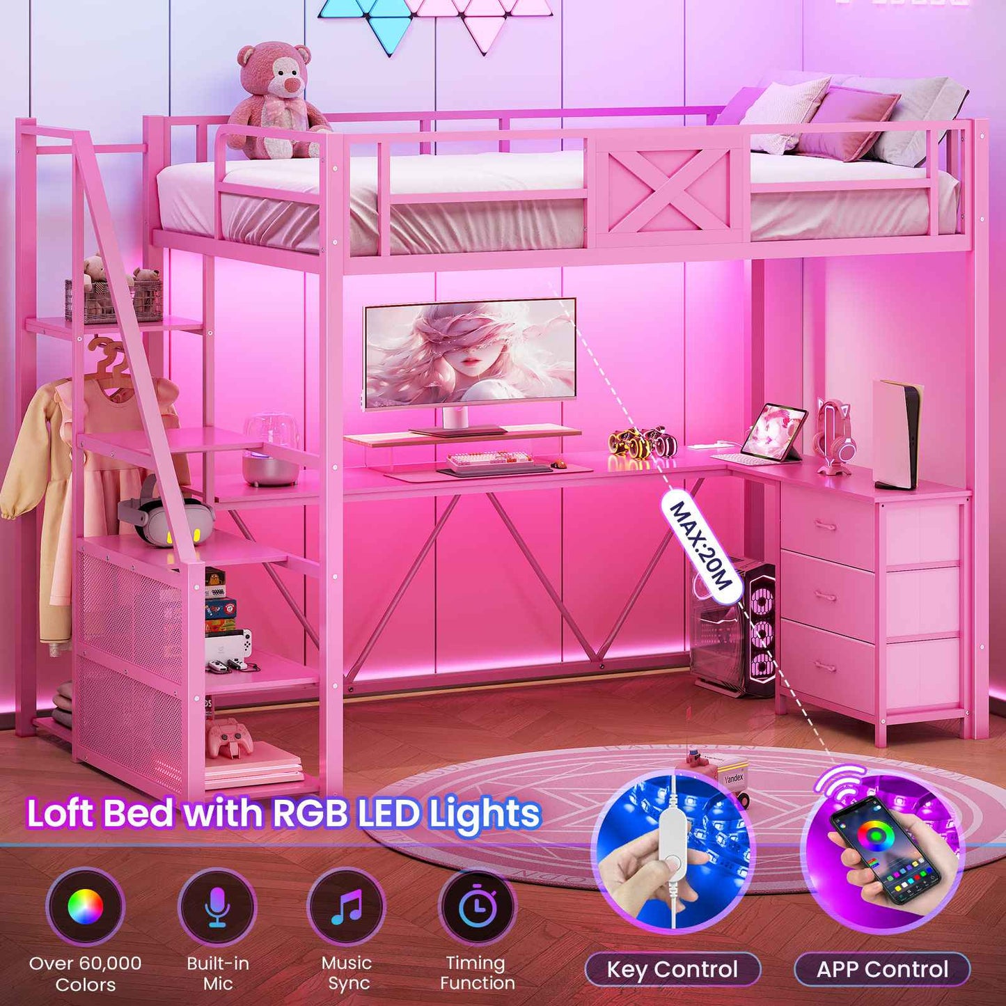 Itaar | Stairway Twin Size Loft Bed with L Shaped Desk and Wardrobe Metal Loft Bed Frame with Stairs 3 Fabric Drawers LED Lights Charging Sation