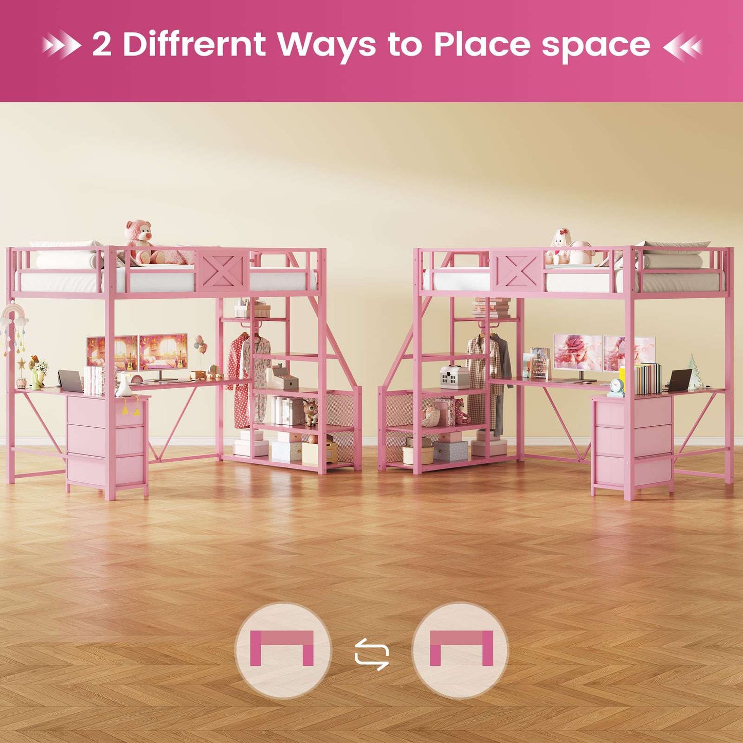 Itaar | Stairway Twin Size Loft Bed with L Shaped Desk and Wardrobe Metal Loft Bed Frame with Stairs 3 Fabric Drawers LED Lights Charging Sation