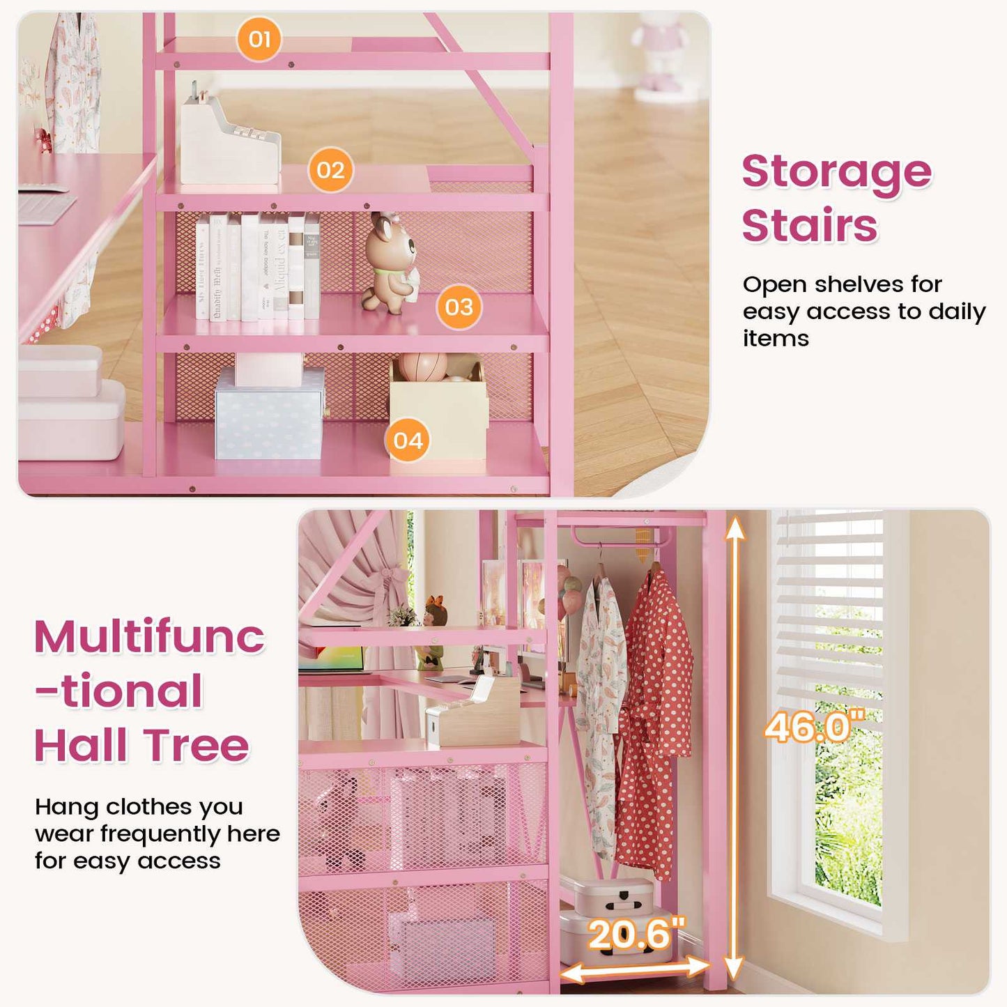 Itaar | Stairway Twin Size Loft Bed with L Shaped Desk and Wardrobe Metal Loft Bed Frame with Stairs 3 Fabric Drawers LED Lights Charging Sation