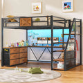 Itaar | Full Size Loft Bed with Desk and Storage Stairs Metal Loft Bed with 6 Storage Drawers Hall Tree LED Lights and Power Outlet