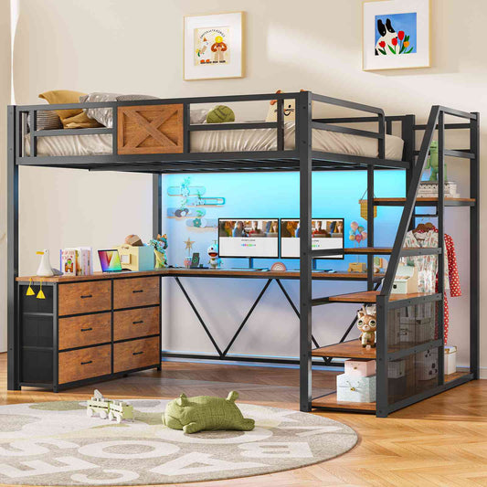 Itaar | Full Size Loft Bed with Desk and Storage Stairs Metal Loft Bed with 6 Storage Drawers Hall Tree LED Lights and Power Outlet