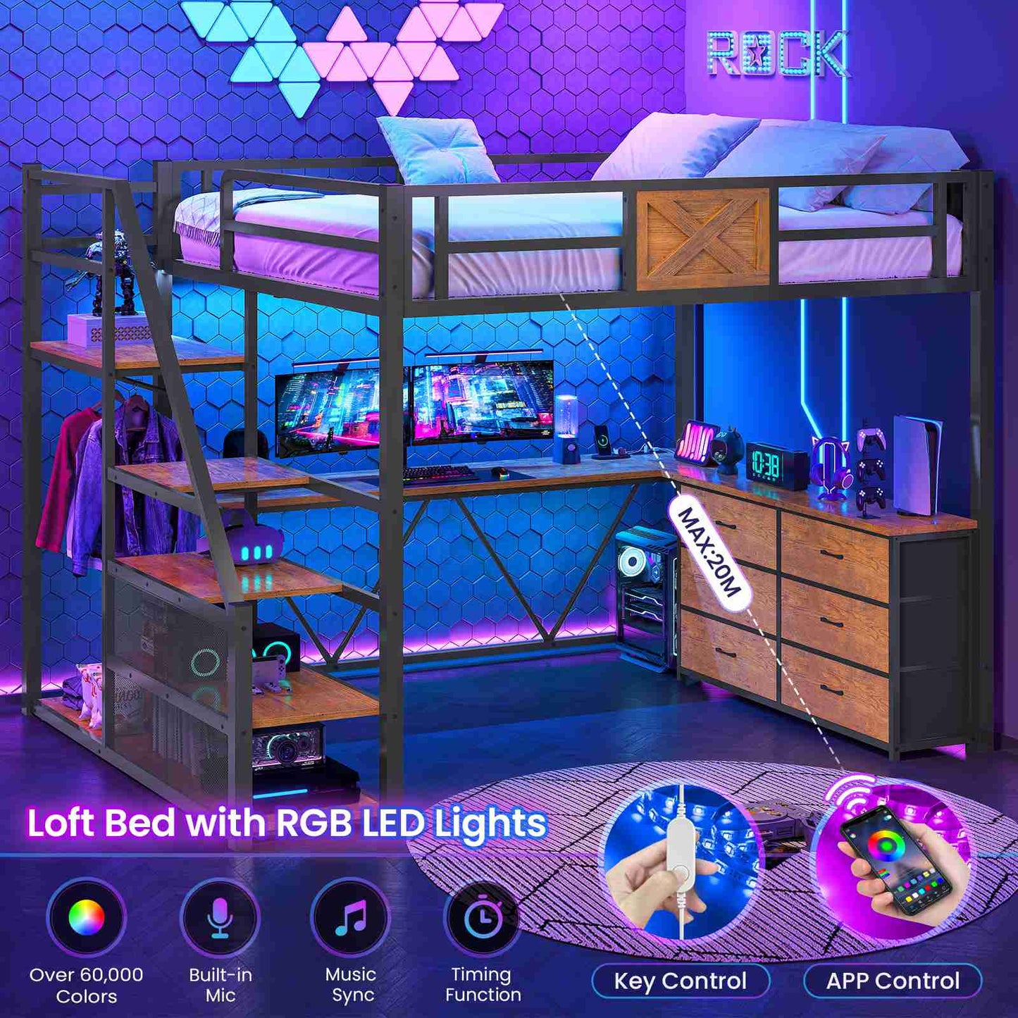 Itaar | Full Size Loft Bed with Desk and Storage Stairs Metal Loft Bed with 6 Storage Drawers Hall Tree LED Lights and Power Outlet