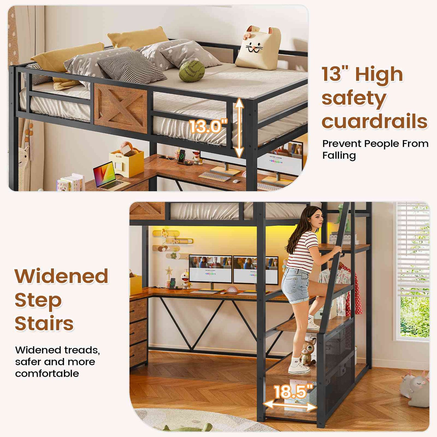 Itaar | Full Size Loft Bed with Desk and Storage Stairs Metal Loft Bed with 6 Storage Drawers Hall Tree LED Lights and Power Outlet