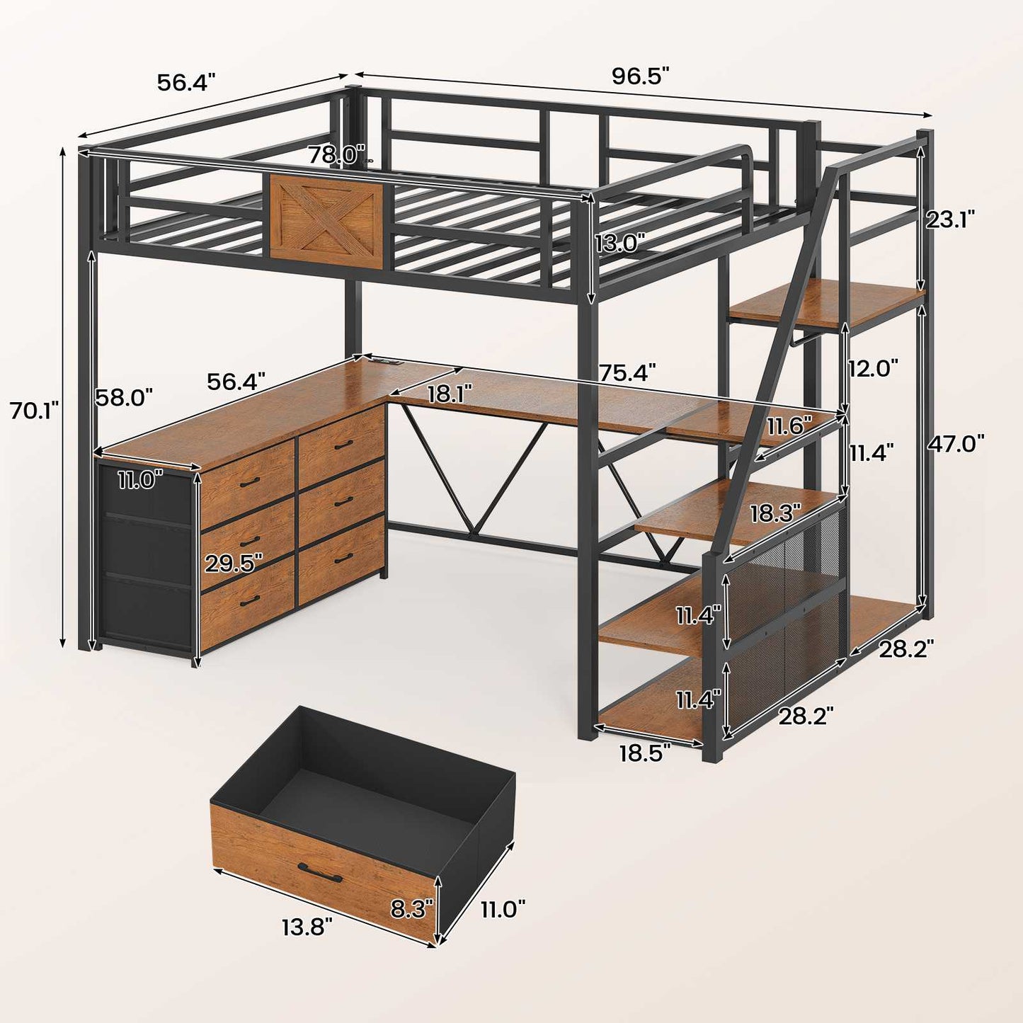 Itaar | Full Size Loft Bed with Desk and Storage Stairs Metal Loft Bed with 6 Storage Drawers Hall Tree LED Lights and Power Outlet