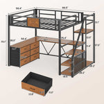 Itaar | Full Size Loft Bed with Desk and Storage Stairs Metal Loft Bed with 6 Storage Drawers Hall Tree LED Lights and Power Outlet
