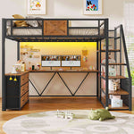 Itaar | Full Size Loft Bed with Desk and Storage Stairs Metal Loft Bed with 6 Storage Drawers Hall Tree LED Lights and Power Outlet