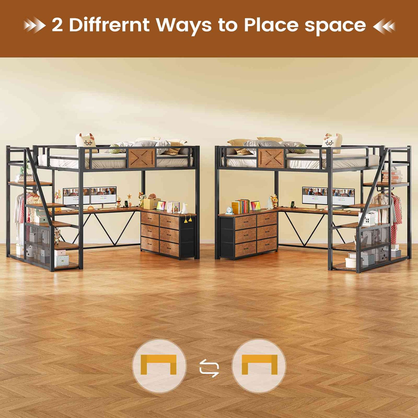 Itaar | Full Size Loft Bed with Desk and Storage Stairs Metal Loft Bed with 6 Storage Drawers Hall Tree LED Lights and Power Outlet