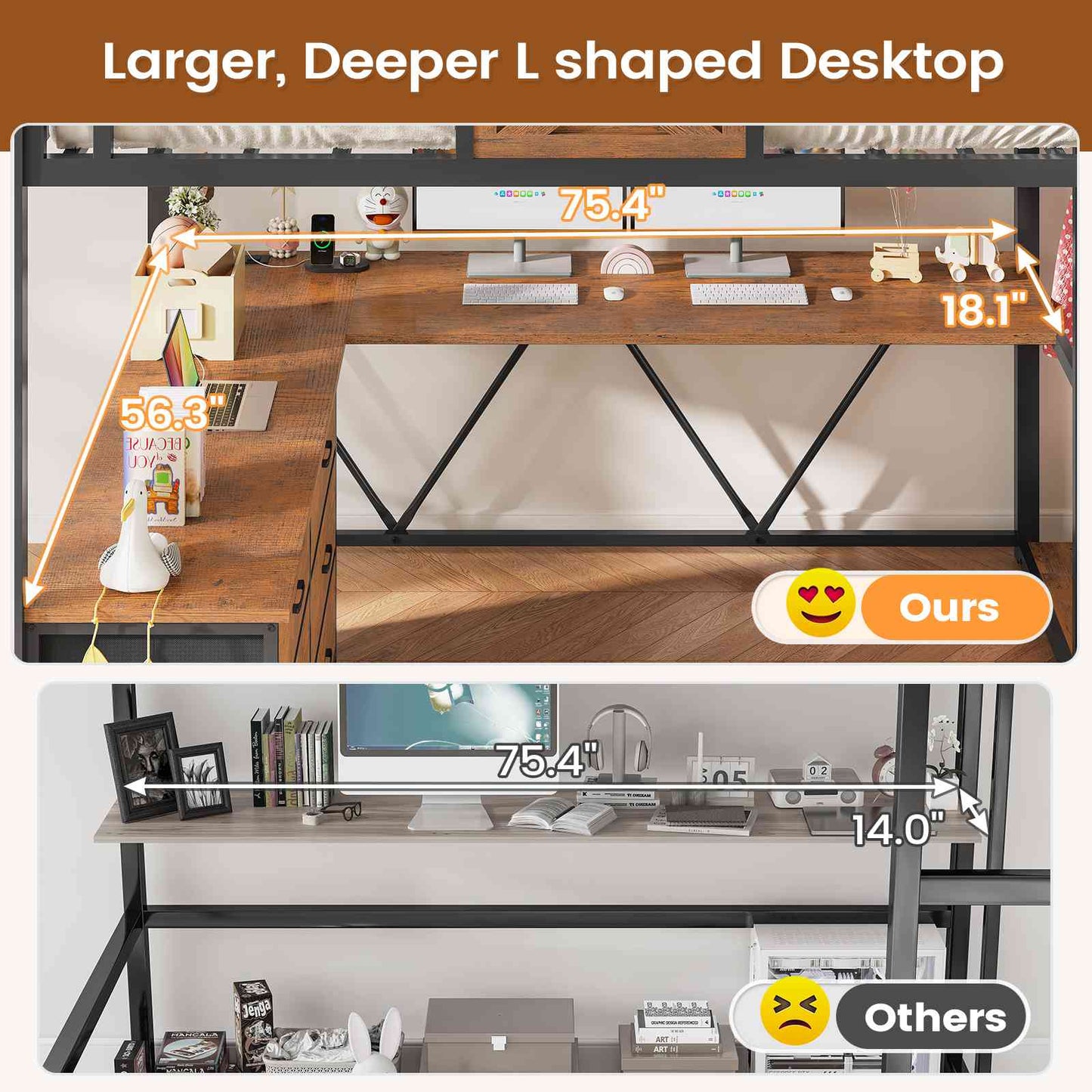 Itaar | Full Size Loft Bed with Desk and Storage Stairs Metal Loft Bed with 6 Storage Drawers Hall Tree LED Lights and Power Outlet