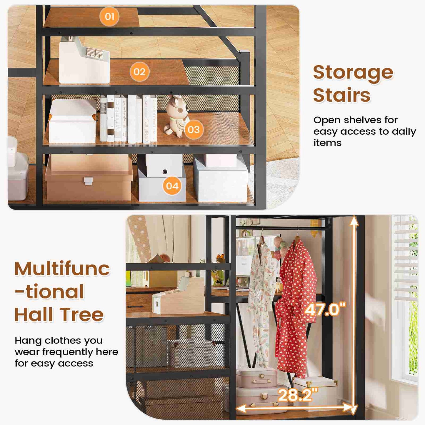 Itaar | Full Size Loft Bed with Desk and Storage Stairs Metal Loft Bed with 6 Storage Drawers Hall Tree LED Lights and Power Outlet