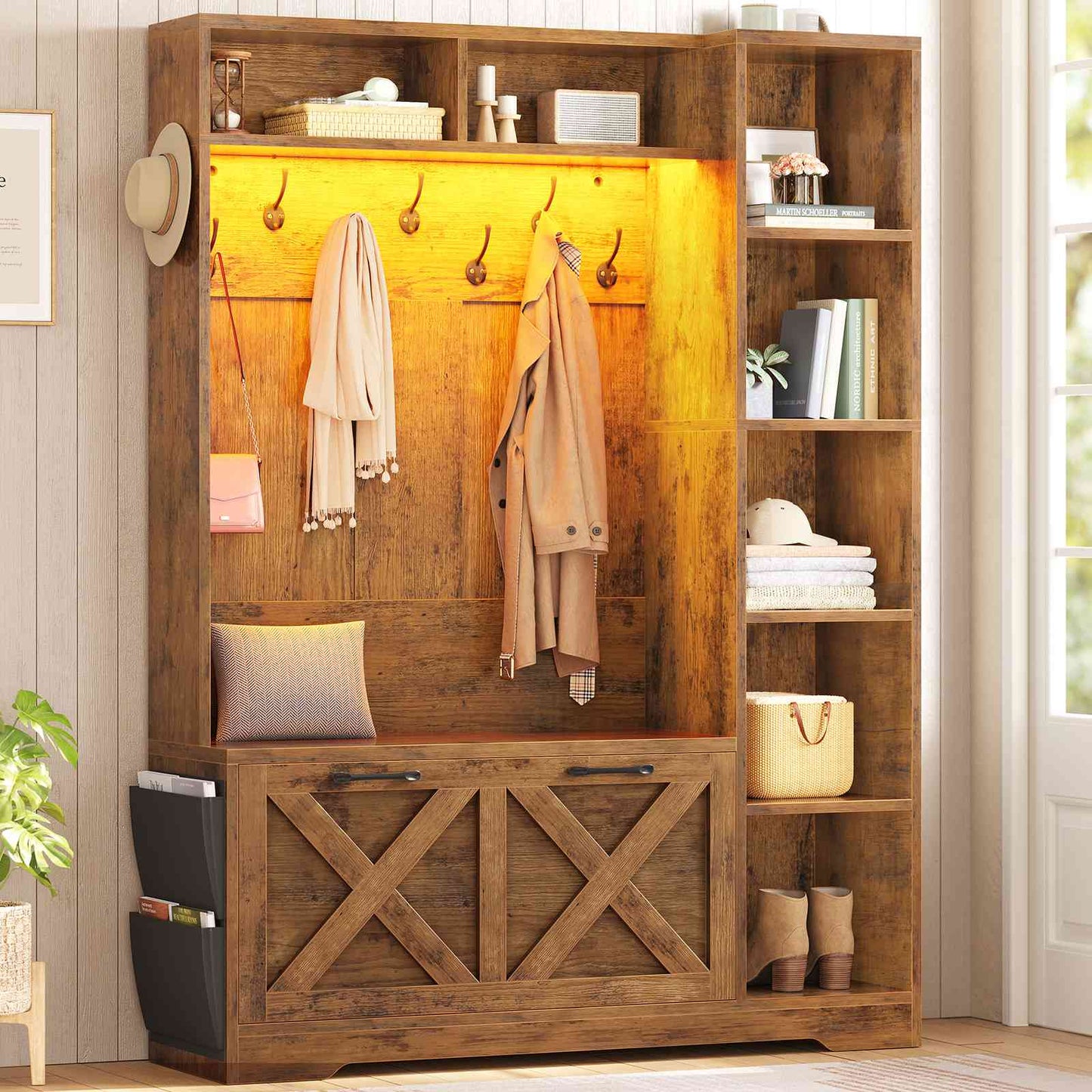 Itaar | Hall Tree with Bench and Shoe Storage Farmhouse Entryway Bench with Coat Rack Shoe Cabinet with Flip Drawers 7 Shelves 10 Coat Hooks Led Lights