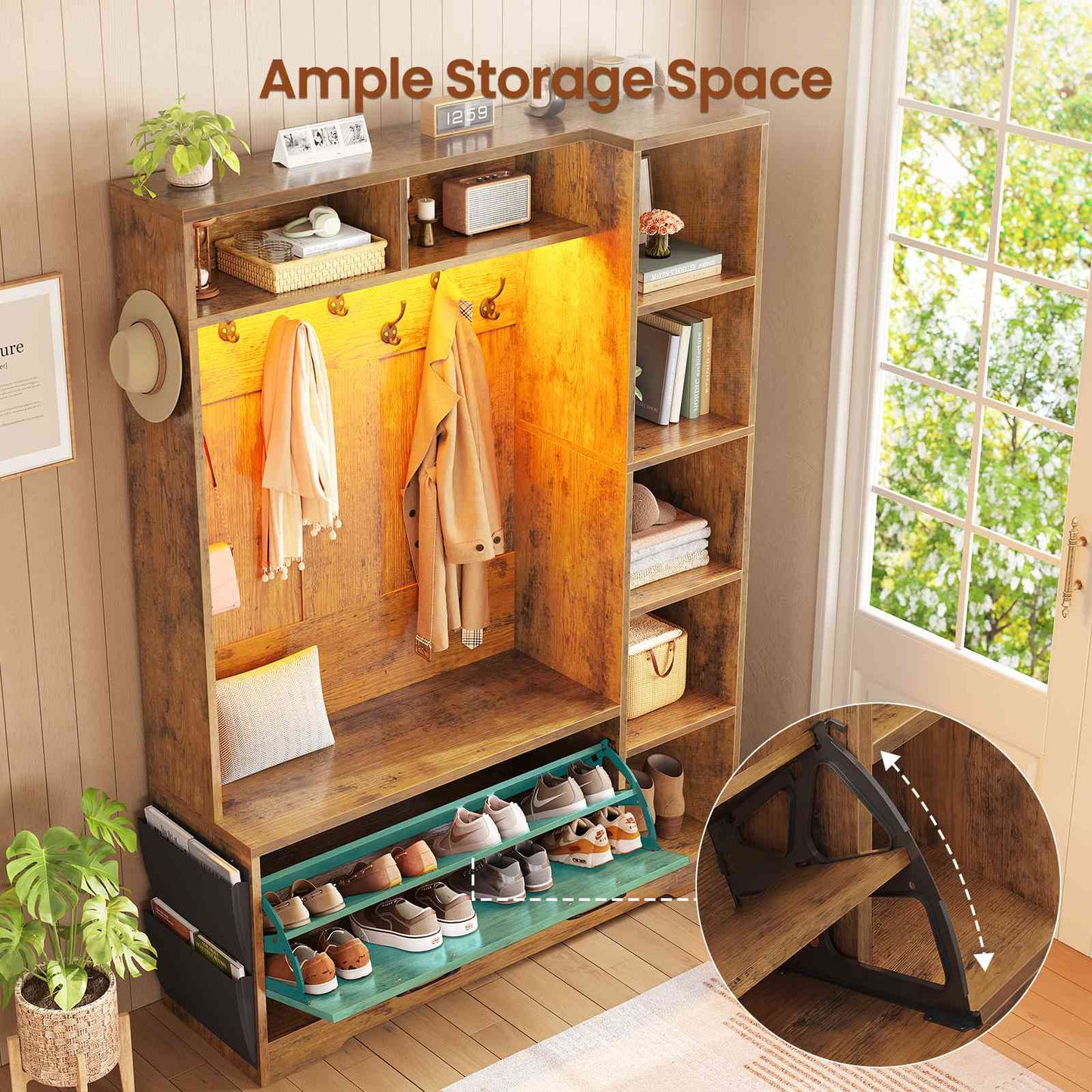 Itaar | Hall Tree with Bench and Shoe Storage Farmhouse Entryway Bench with Coat Rack Shoe Cabinet with Flip Drawers 7 Shelves 10 Coat Hooks Led Lights