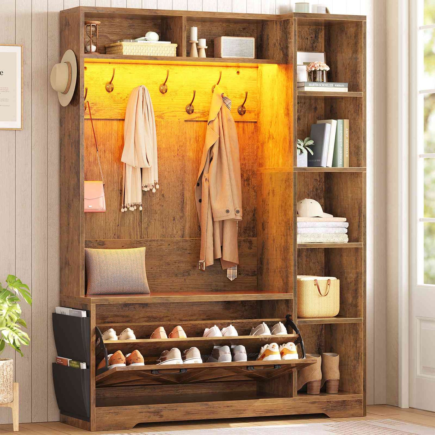 Itaar | Hall Tree with Bench and Shoe Storage Farmhouse Entryway Bench with Coat Rack Shoe Cabinet with Flip Drawers 7 Shelves 10 Coat Hooks Led Lights