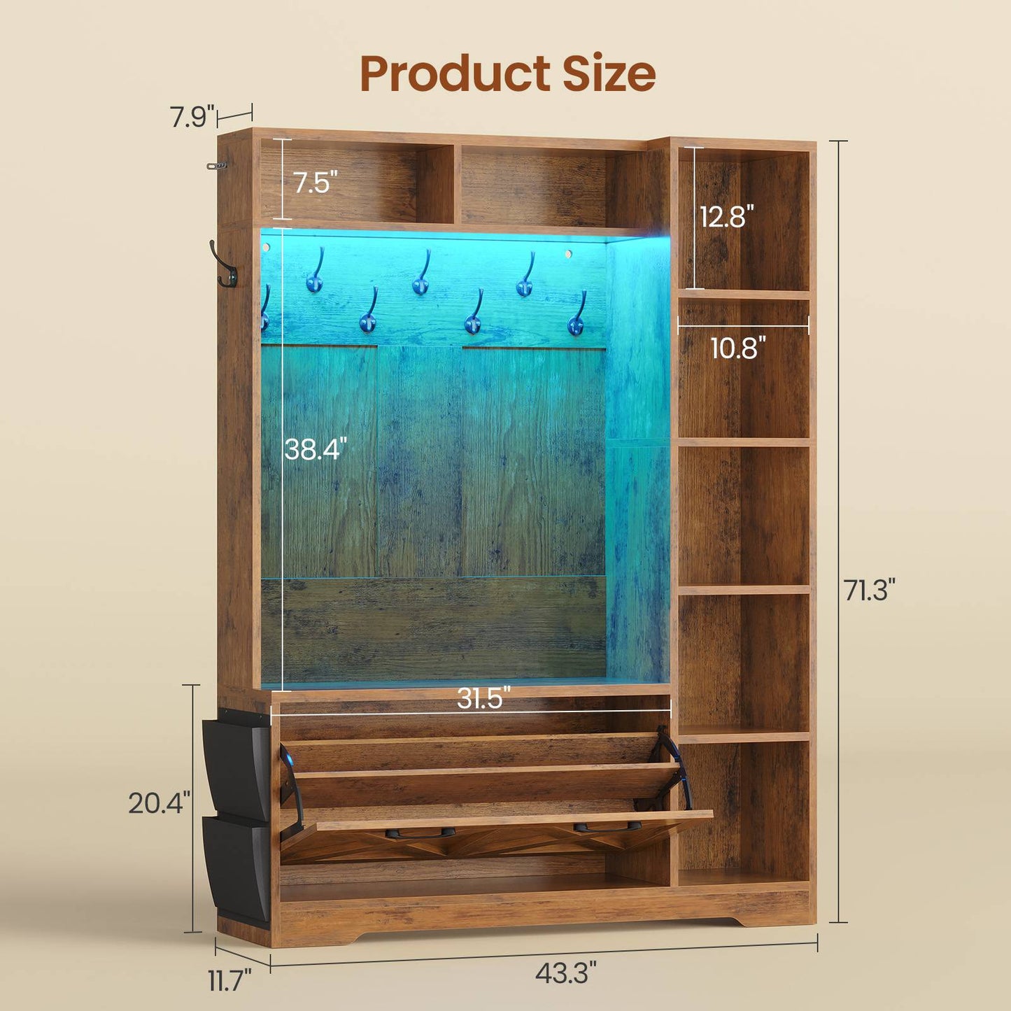 Itaar | Hall Tree with Bench and Shoe Storage Farmhouse Entryway Bench with Coat Rack Shoe Cabinet with Flip Drawers 7 Shelves 10 Coat Hooks Led Lights