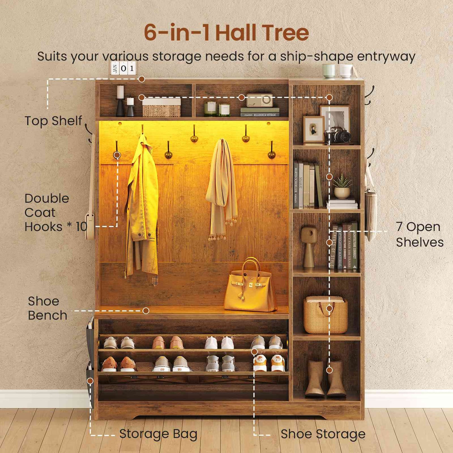 Itaar | Hall Tree with Bench and Shoe Storage Farmhouse Entryway Bench with Coat Rack Shoe Cabinet with Flip Drawers 7 Shelves 10 Coat Hooks Led Lights