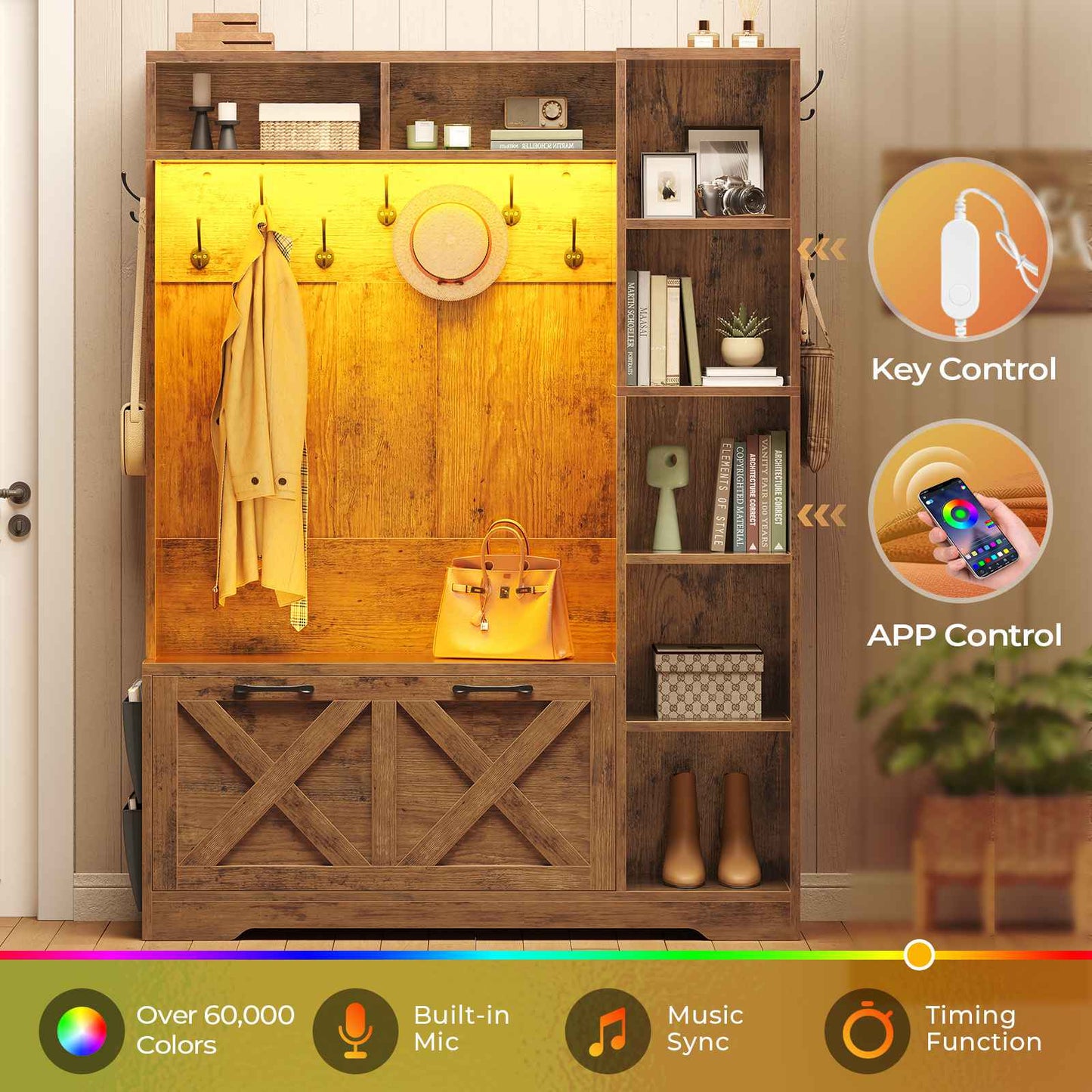 Itaar | Hall Tree with Bench and Shoe Storage Farmhouse Entryway Bench with Coat Rack Shoe Cabinet with Flip Drawers 7 Shelves 10 Coat Hooks Led Lights