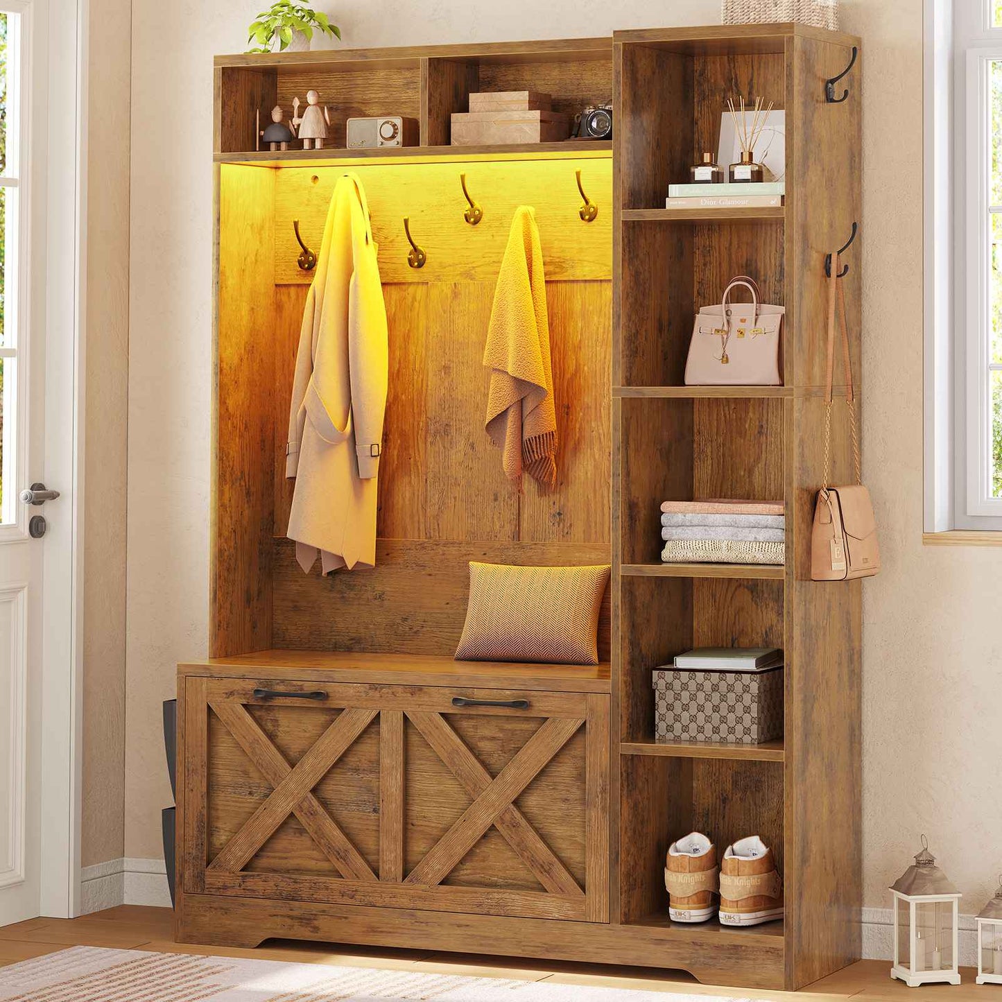 Itaar | Hall Tree with Bench and Shoe Storage Farmhouse Entryway Bench with Coat Rack Shoe Cabinet with Flip Drawers 7 Shelves 10 Coat Hooks Led Lights