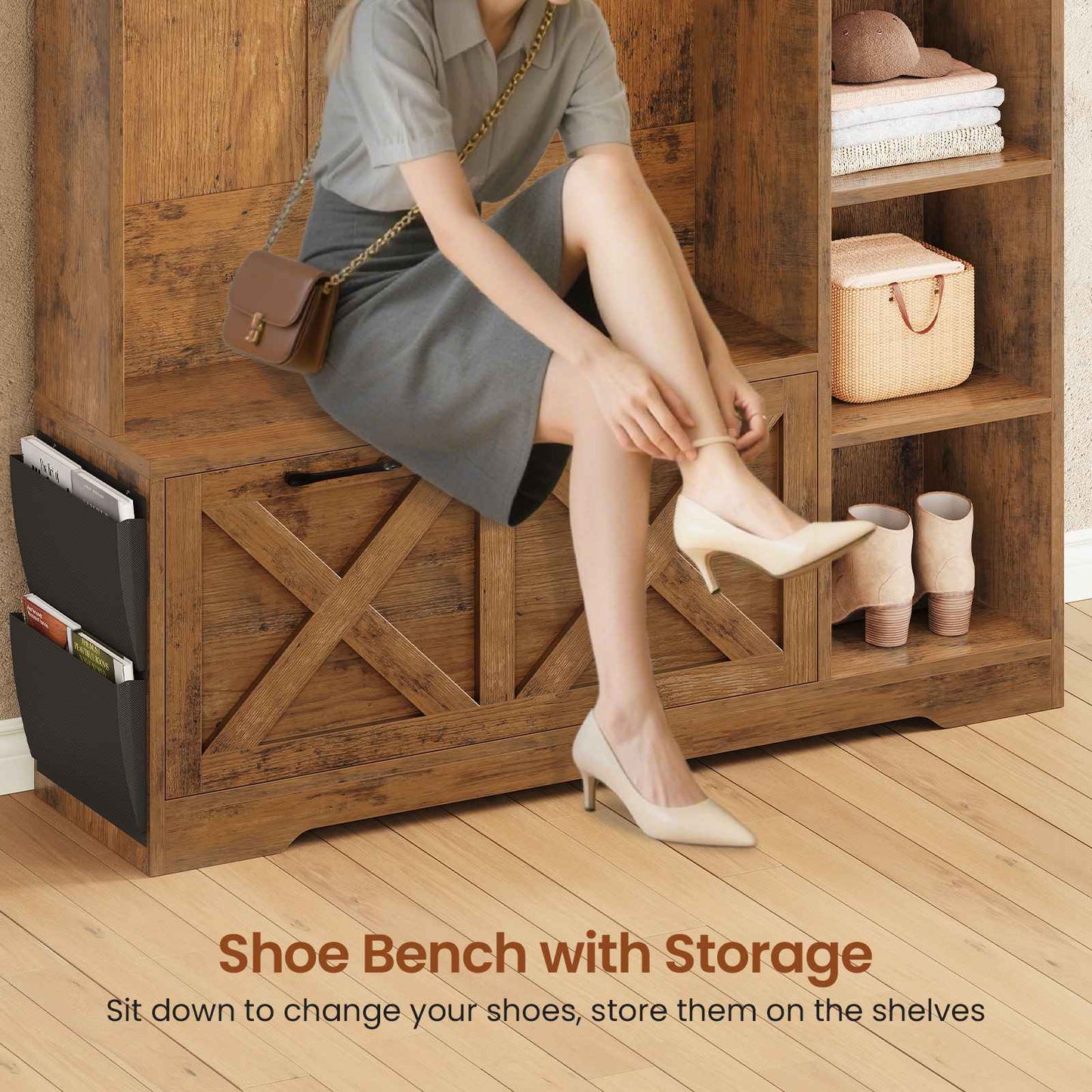 Itaar | Hall Tree with Bench and Shoe Storage Farmhouse Entryway Bench with Coat Rack Shoe Cabinet with Flip Drawers 7 Shelves 10 Coat Hooks Led Lights