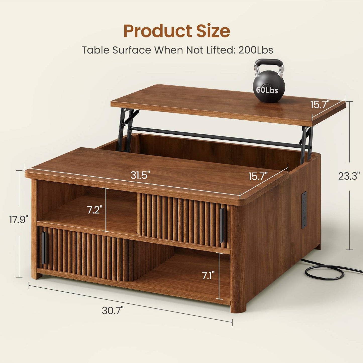 Itaar | 31.5 Inch Lift Top Coffee Table with Charging Station Fluted Wood Coffee Table with Hidden Storage  Hydraulic Lifter