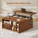 Itaar | 31.5 Inch Lift Top Coffee Table with Charging Station Fluted Wood Coffee Table with Hidden Storage  Hydraulic Lifter