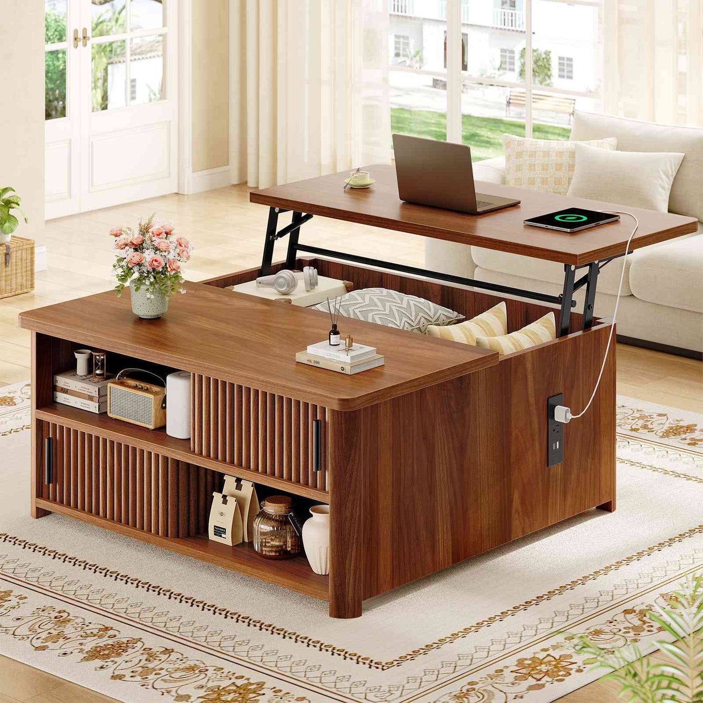 Itaar | 31.5 Inch Lift Top Coffee Table with Charging Station Fluted Wood Coffee Table with Hidden Storage  Hydraulic Lifter