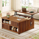 Itaar | 31.5 Inch Lift Top Coffee Table with Charging Station Fluted Wood Coffee Table with Hidden Storage  Hydraulic Lifter