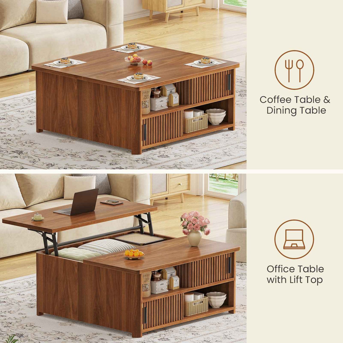 Itaar | 31.5 Inch Lift Top Coffee Table with Charging Station Fluted Wood Coffee Table with Hidden Storage  Hydraulic Lifter
