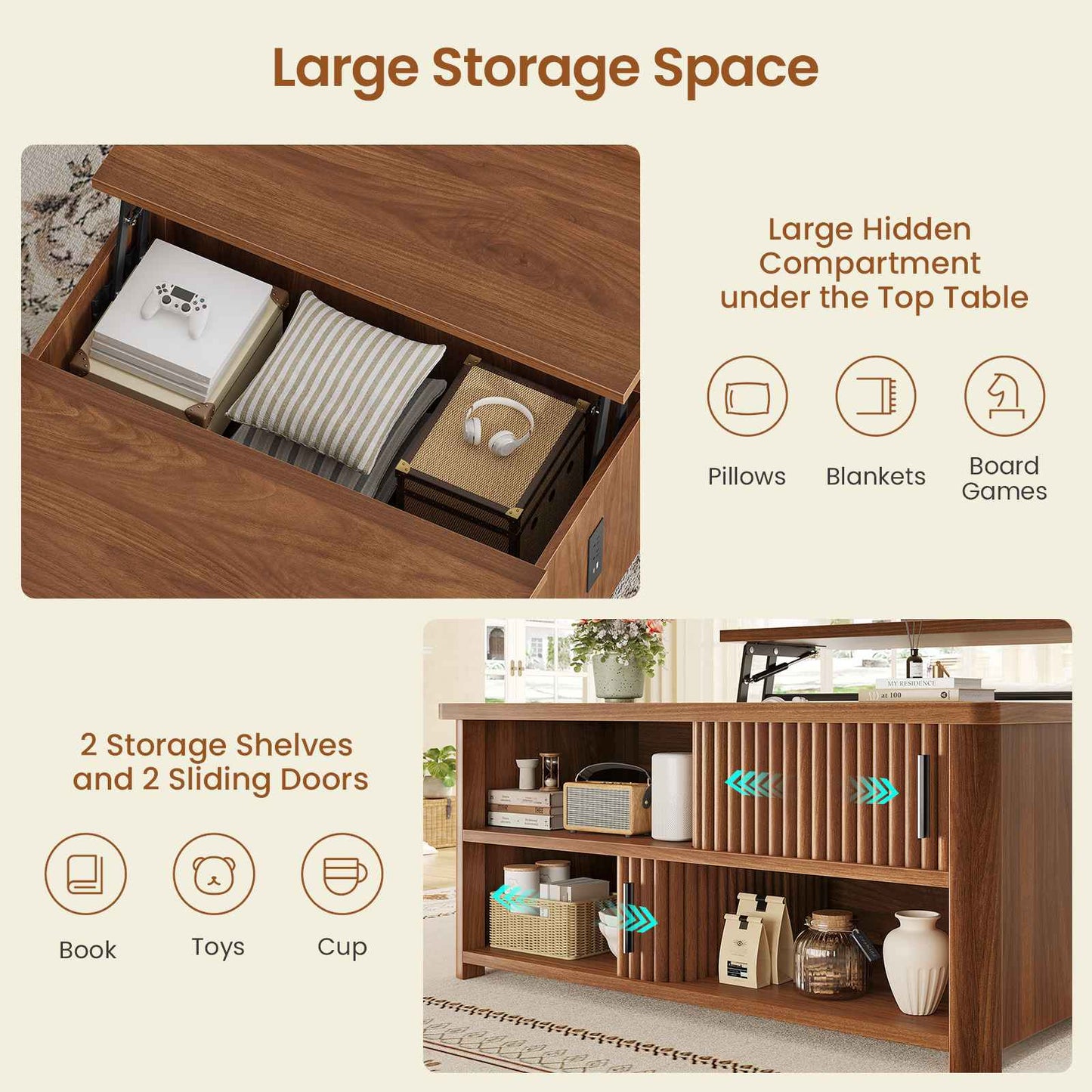 Itaar | 31.5 Inch Lift Top Coffee Table with Charging Station Fluted Wood Coffee Table with Hidden Storage  Hydraulic Lifter