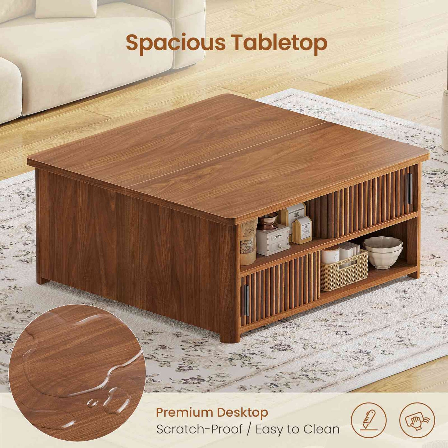 Itaar | 31.5 Inch Lift Top Coffee Table with Charging Station Fluted Wood Coffee Table with Hidden Storage  Hydraulic Lifter