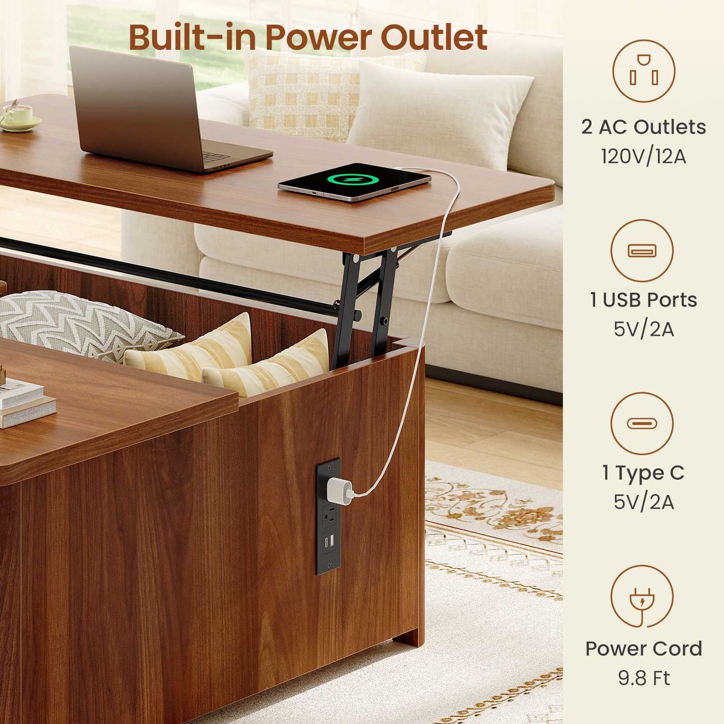 Itaar | 31.5 Inch Lift Top Coffee Table with Charging Station Fluted Wood Coffee Table with Hidden Storage  Hydraulic Lifter