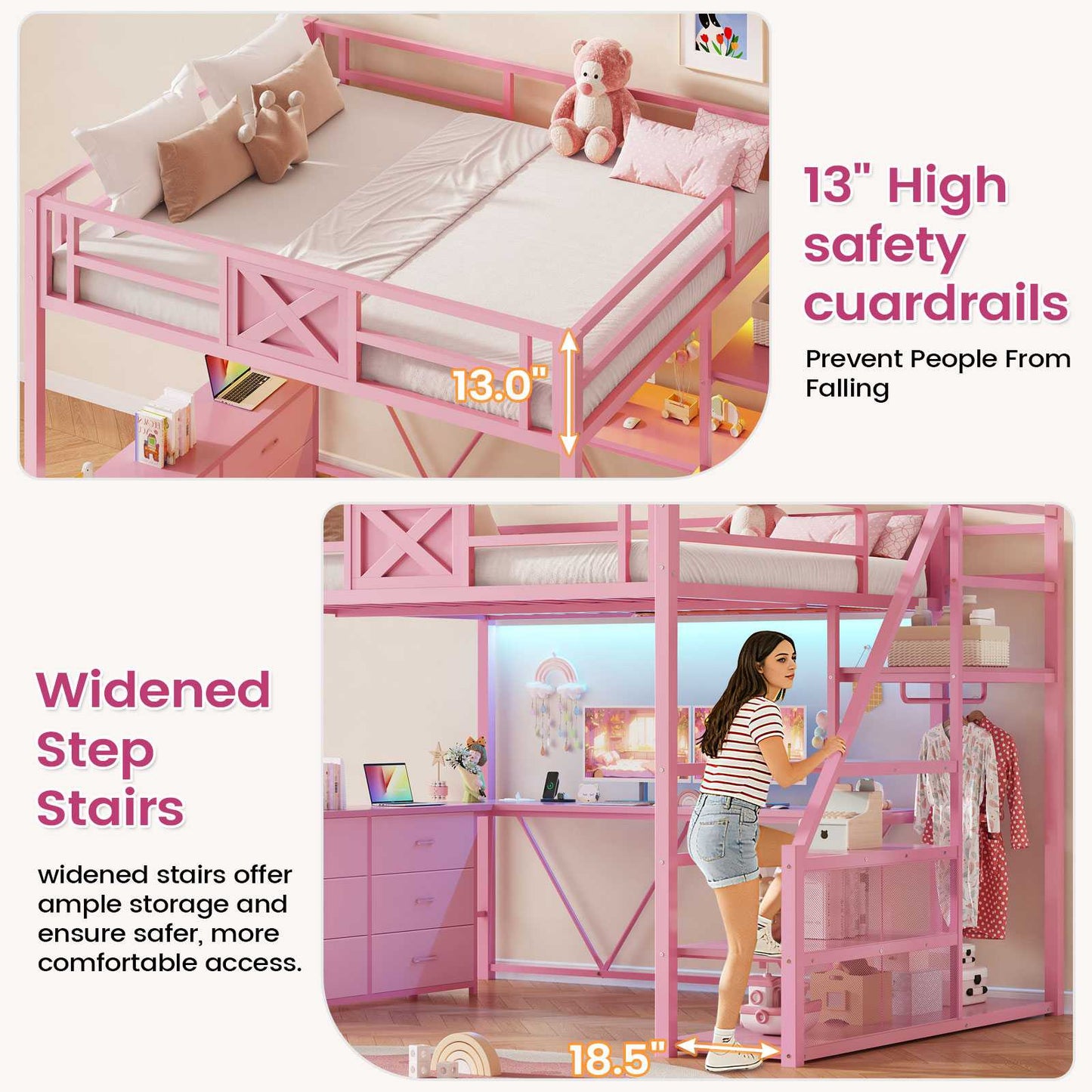 Itaar | Full Size Loft Bed with Desk and Storage Stairs Metal Loft Bed with 6 Storage Drawers Hall Tree LED Lights and Power Outlet