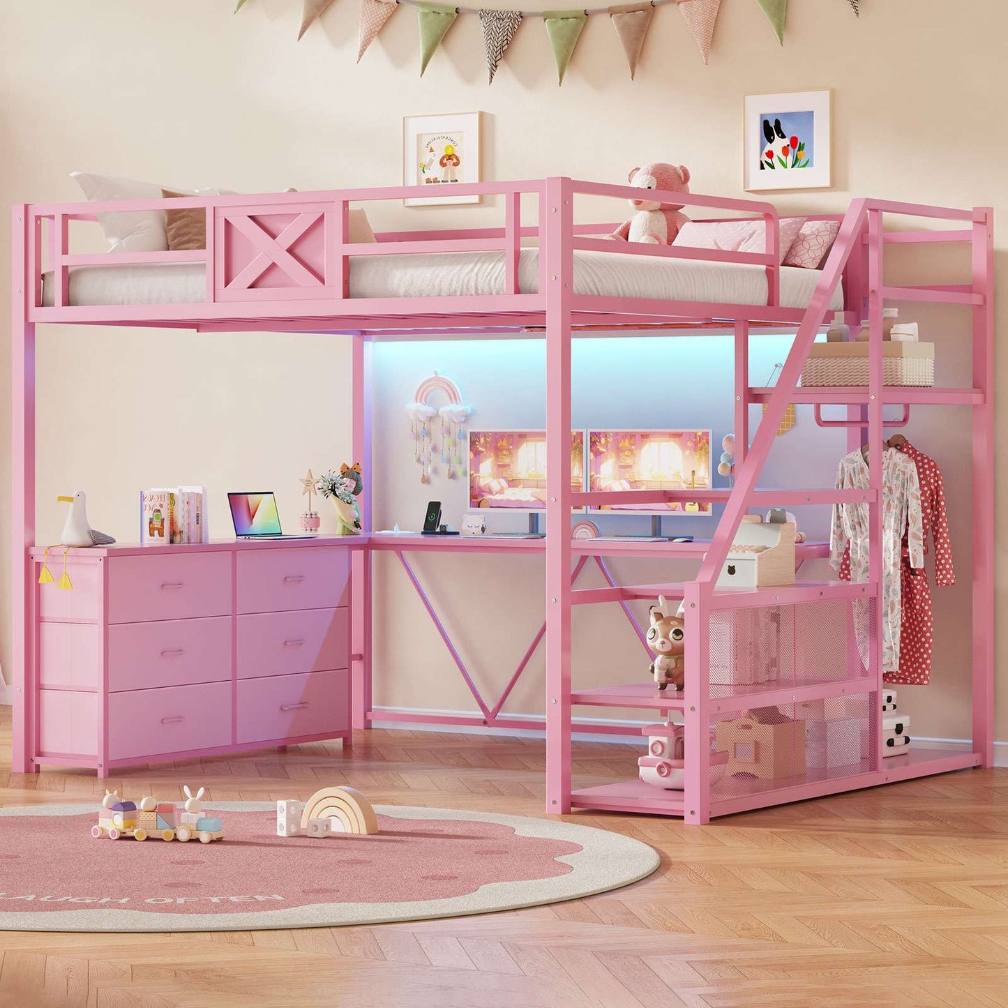 Itaar | Full Size Loft Bed with Desk and Storage Stairs Metal Loft Bed with 6 Storage Drawers Hall Tree LED Lights and Power Outlet