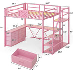 Itaar | Full Size Loft Bed with Desk and Storage Stairs Metal Loft Bed with 6 Storage Drawers Hall Tree LED Lights and Power Outlet