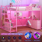 Itaar | Full Size Loft Bed with Desk and Storage Stairs Metal Loft Bed with 6 Storage Drawers Hall Tree LED Lights and Power Outlet