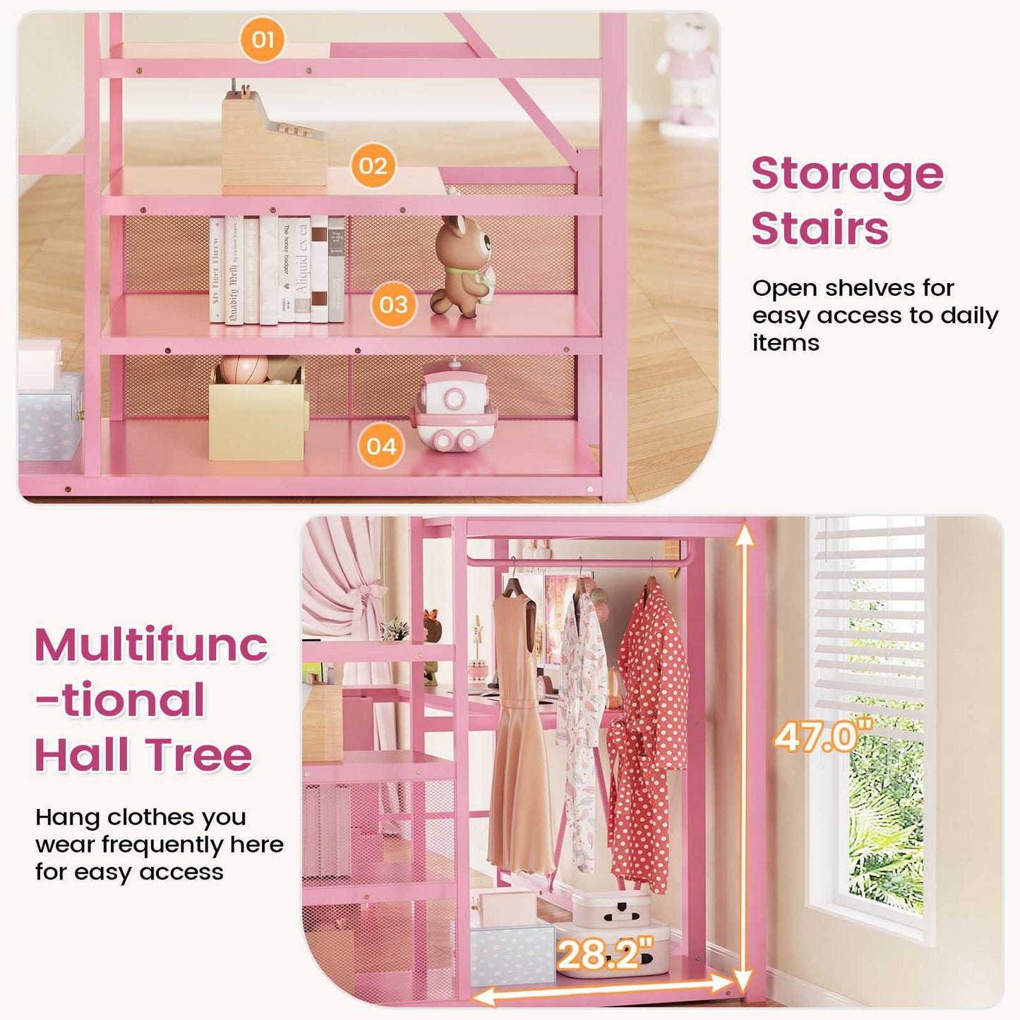 Itaar | Full Size Loft Bed with Desk and Storage Stairs Metal Loft Bed with 6 Storage Drawers Hall Tree LED Lights and Power Outlet